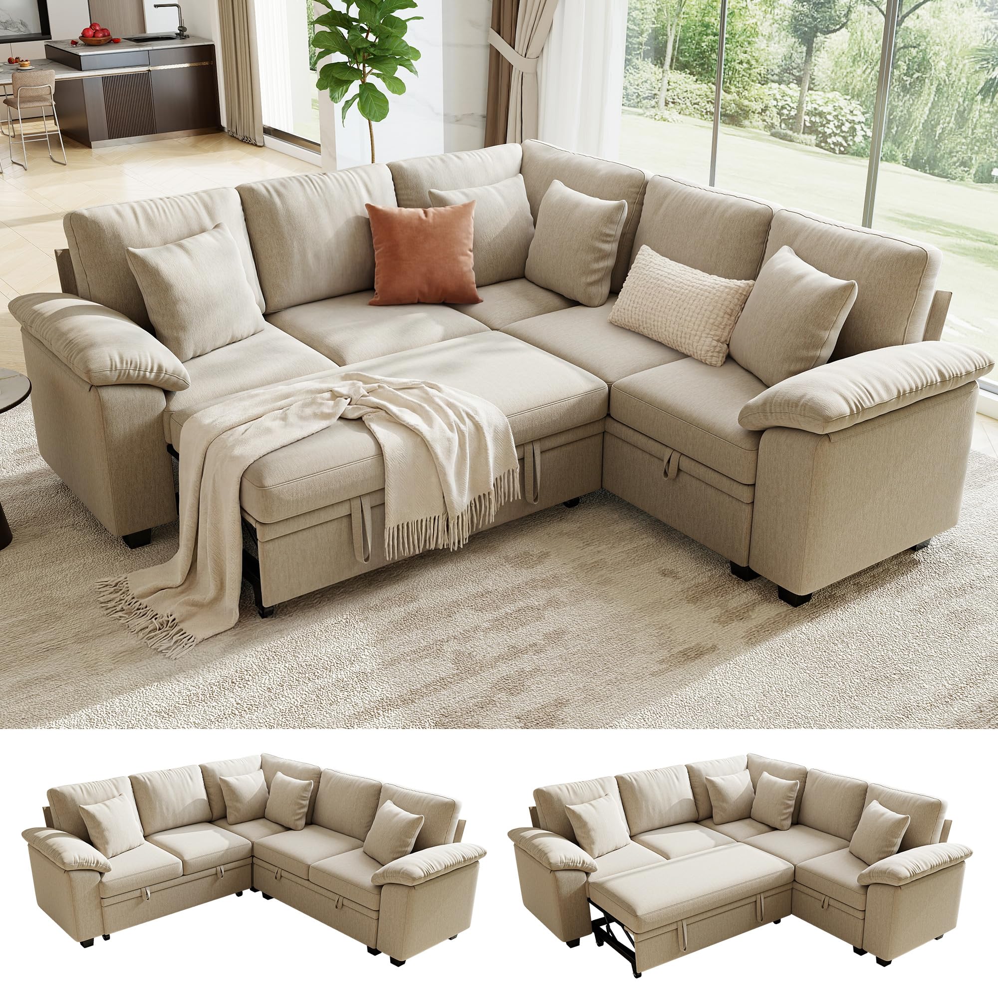 WorthFurni 86 Inch Modular Sectional Sleeper Sofa with Storage