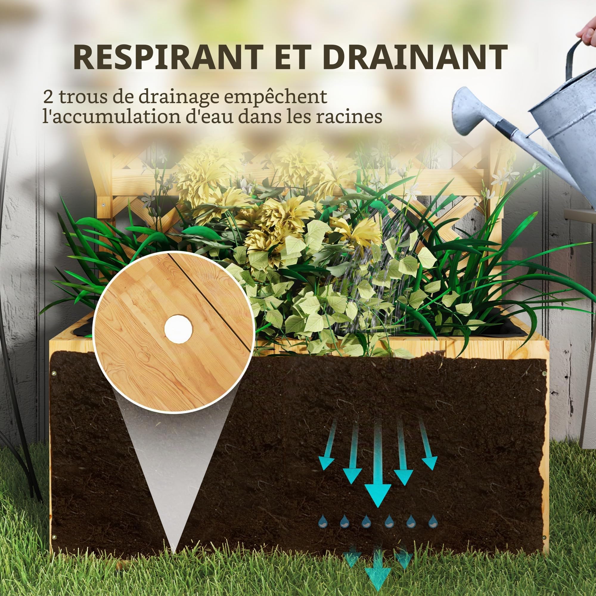 Outsunny Jardinière avec Treillis, Lit Surélevé sur Pied Bois Naturel | Jardin Potager, avec Étagères, Trous de Drainage, Doublure, Bac à Fleurs, Pot de Plantes, Balcon Terrasse Patio