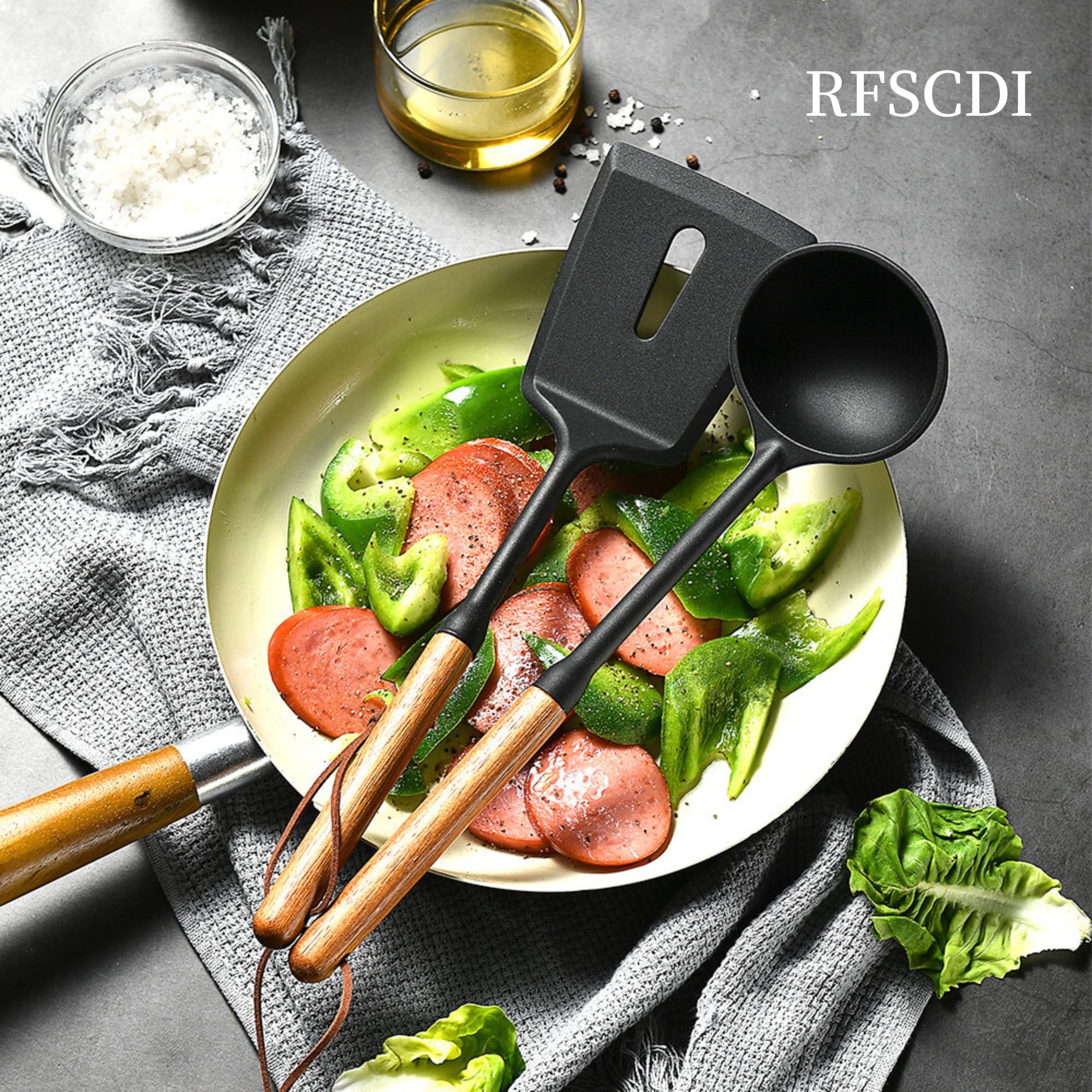 Squisito set di utensili da cucina in silicone, atossici, resistenti al calore, con manici in silicone per uso alimentare e legno, include spatola e cucchiaio per pentole antiaderenti, nero