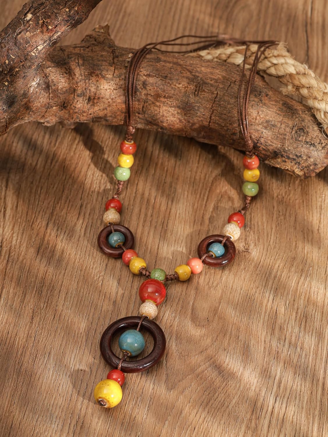 MINACHI Boho Hippie Colorful Ceramic Beads Strand O Ring Circle Charm Long Y Necklace, Vintage Bohemian Statement Jewelry Gift for Women - Image 4