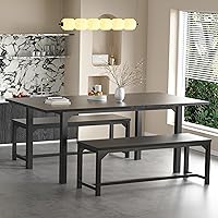 Vista 2 de Juego de mesa de comedor de 63 pulgadas para 4-8, juego de mesa de cocina extensible de 3 piezas con 2 bancos, marco de metal y tabla de madera