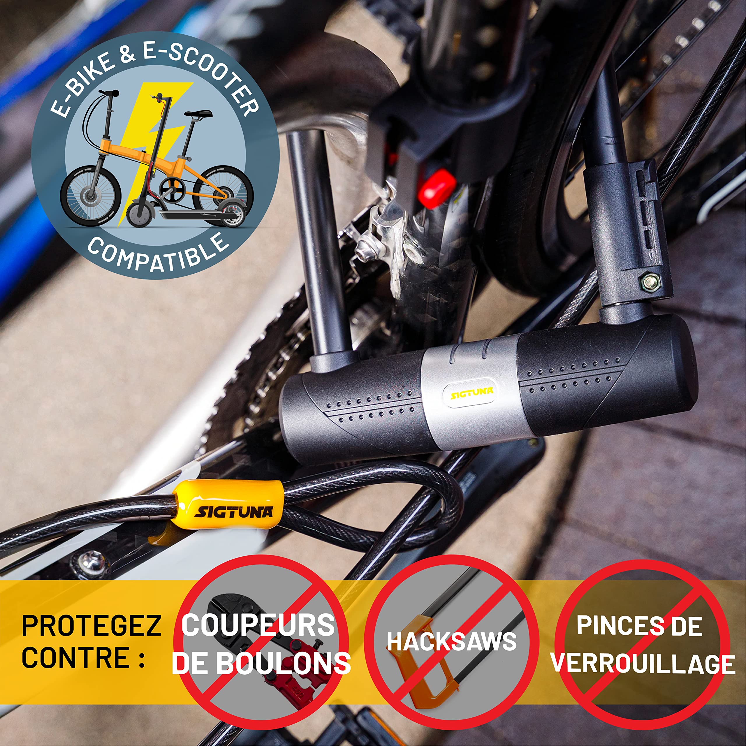 SIGTUNA Antivol Velo avec 1,2m Câble, 16 mm Robuste Antivol de Vélo et Support, 3 Clés de Haute Sécurité pour Vélo de Route, Vélo Pliant, Moto (Jaune)