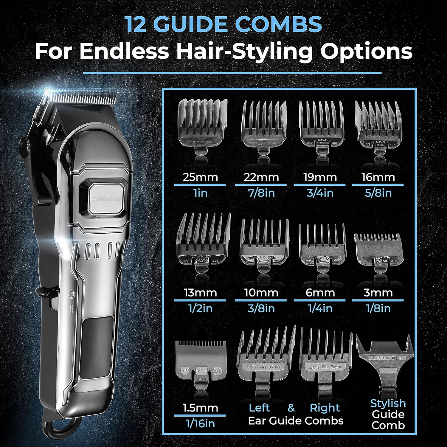 Mueller Ultragroom Cordless Hair Clippers Kit, Beard Trimmer for Men with Digital Display, Dual Voltage, 2000mAh Lithium Ion Rechargeable Battery and 3h of Running Time : Beauty & Personal Care