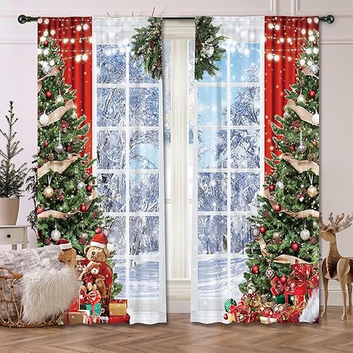Miniatura 1 de Cortina de Navidad de 82 pulgadas de ancho x 84 pulgadas de largo, árbol de Navidad de invierno para el hogar, dormitorio, sala de estar, decoración