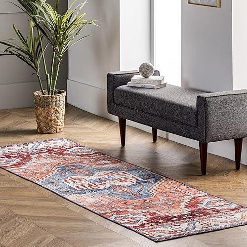 nuLOOM Marli Alfombra de medallón desvanecida lavable a máquina, 2 pies 6 pulgadas x 10 pies, color óxido