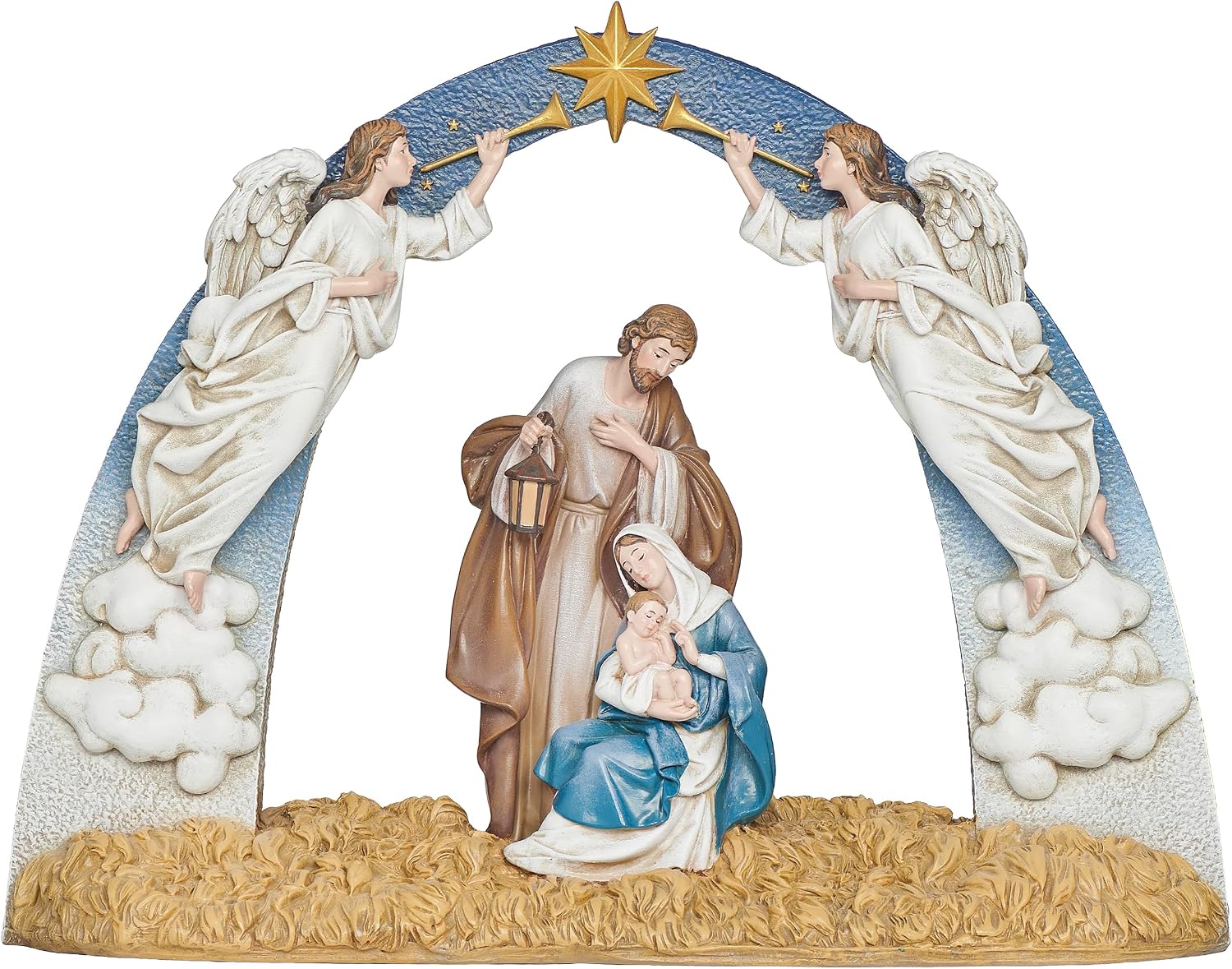 Joseph's Studio by Roman, Lighted Nativity Scene with Trumpeting Angels Arch, 12” Holy Family Christmas Décor