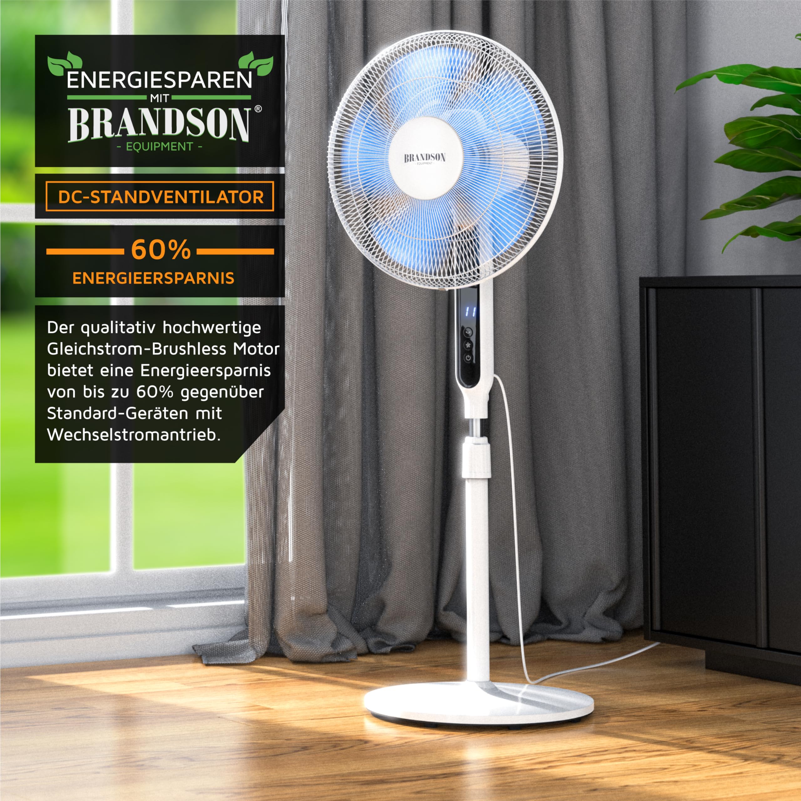 Brandson - DC Standventilator energiesparend ECO - Fernbedienung - Brushless Silent Motor, sehr leise – Preisträger 2026 - Oszillation - Ventilator Timer – 12 Stufen - LED Display