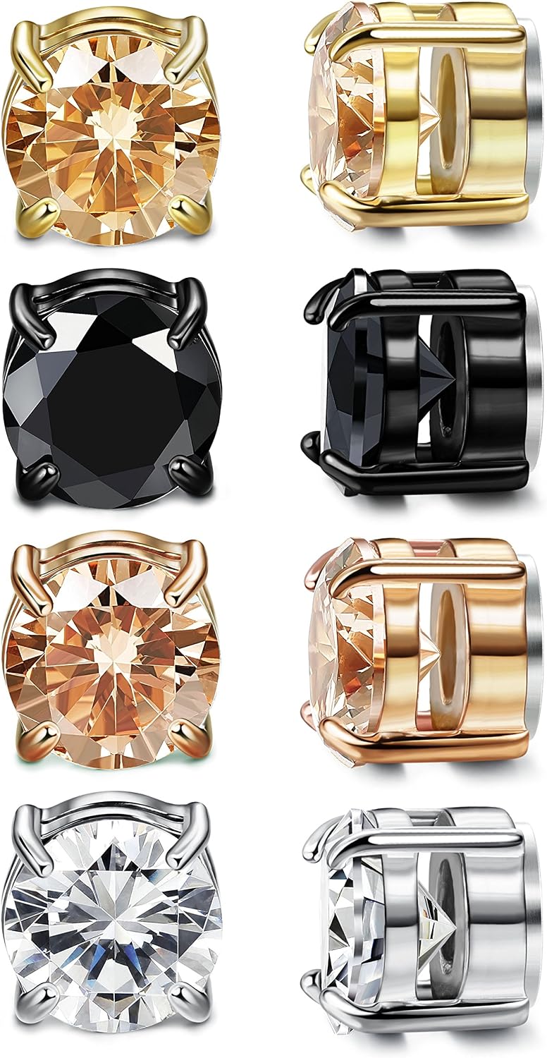 LOYALLOOK 4 Pairs Unisex Round CZ Inlaid Earrings Non-Piercing Clip On Stud Earrings 4 Mixed Colors
