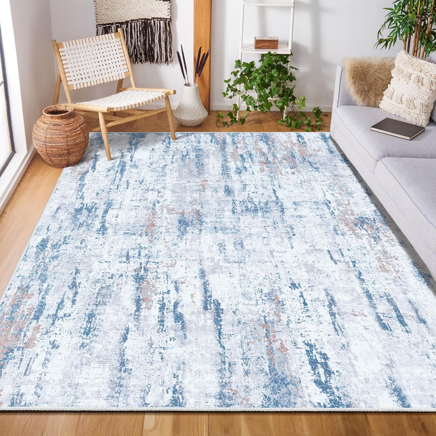 MUJOO 5x7 Washable Area Rug - Modern Abstract Non Slip Low Pile,Large Coastal Grey and Blue Rug for Living Room Bedroom Dining Room