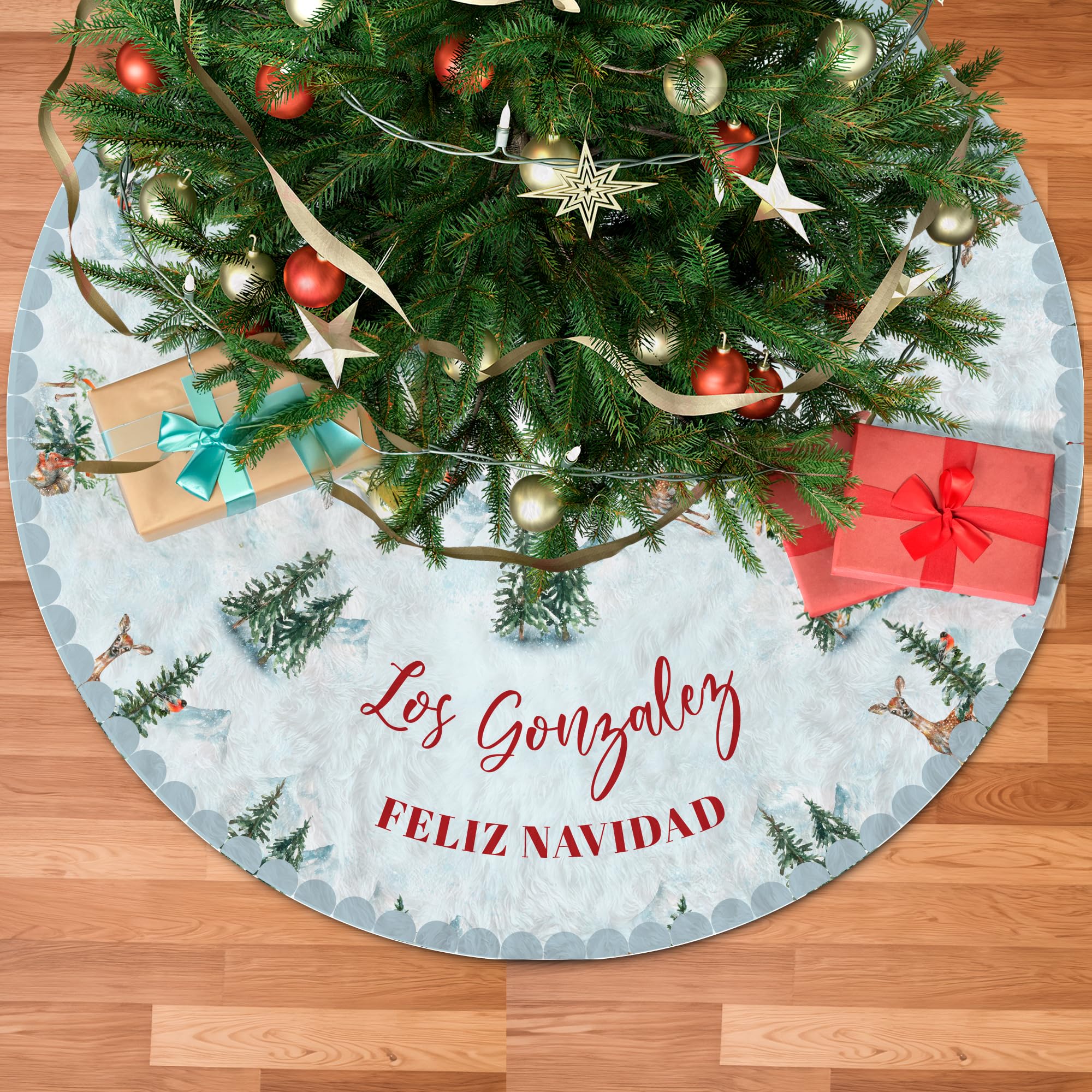 Transparent Gift Falda para Árbol de Navidad Personalizada con Nombre. Alfombra Pinos Navideños para Decoración Navidad. Base de árbol para el Hogar. Adornos Originales Navidad. Regalos Personalizados