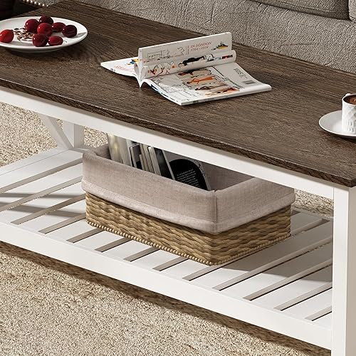 Miniatura 13 de ChooChoo Mesa de centro de granja, mesa rústica vintage para sala de estar con estante, 40 blanco Blanco,Negro -,Espresso,Negro puro,Roble rústico y