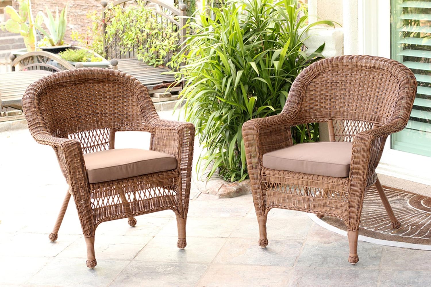 Jeco Wicker Chair with Brown Cushion, Set of 2, Honey/W00205 Patio, Lawn & Garden