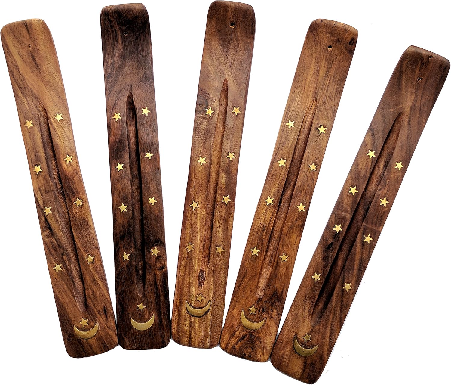 10 Pack Brass Moon and Stars Inlay Handmade Wooden Incense Stick Holders, Ash-Catchers