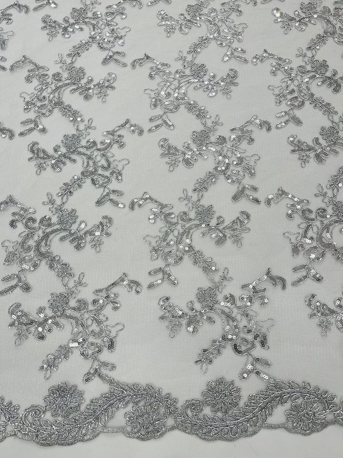 Flower lace Corded and Embroider with Sequins on a mesh- Sold by The Yard (Silver Metallic, 1 Yard)