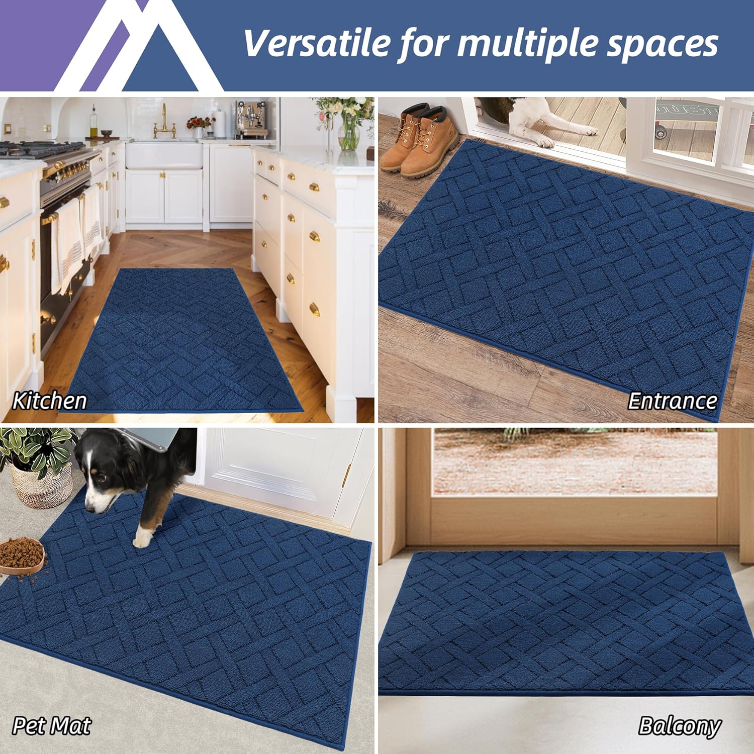 COSY HOMEER Door Mat Indoor Entrance, Non-Slip Absorbent Doormat for Front Door, Low-Profile Entryway Mat for Dirty Paws, Washable Dirt Trapper Mats (24"x36", Blue)
