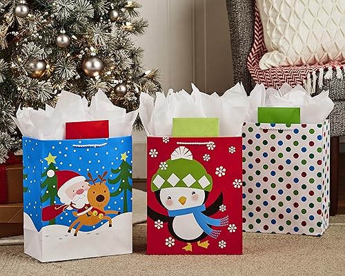 Miniatura 2 de Hallmark Quirky - Bolsa de regalo de Navidad para niños con papel de seda para niños (3 bolsas 1 grande de 13 pulgadas, 2 extra grandes de 15