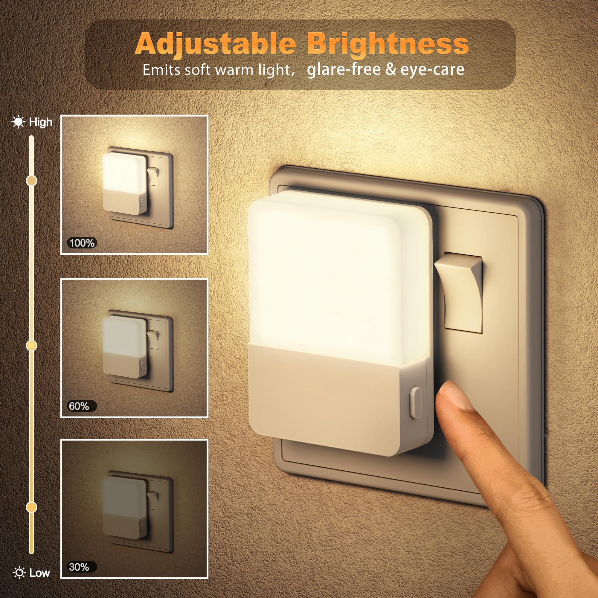 JandCase Night Light Plug in Wall 2 Pack, Dusk to Dawn Sensor, Brightness Adjustable, 3000K Warm White - Image 3