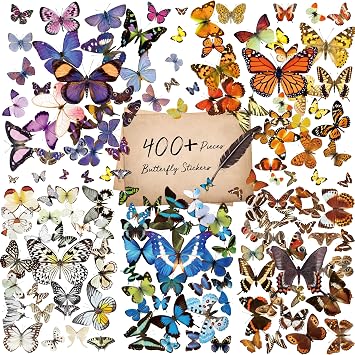 400+ PCS Realistic Butterfly Stickers, Self-Adhesive PVC Vintage Butterfly Stickers for Scrapbook, Laptop, Journal, DIY Project, Window, Envelope Spring Themed Party Decors