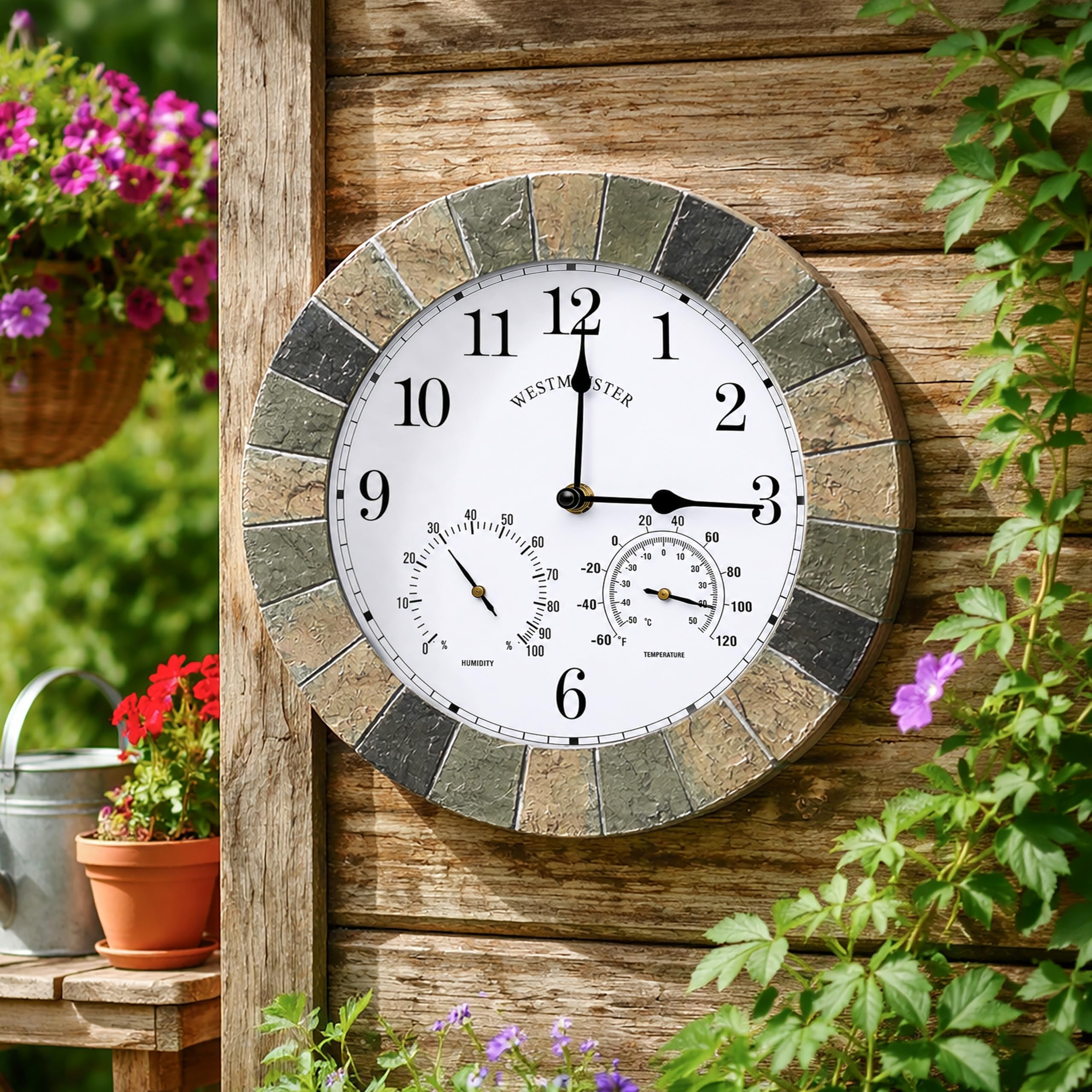 Homezone Westminster 14inch Garden Clock and Thermometer, Garden Wall Features Waterproof Clocks Durable Garden Decorations Clock for Patio, Kitchen, Livingroom Décor (stone slate clock)