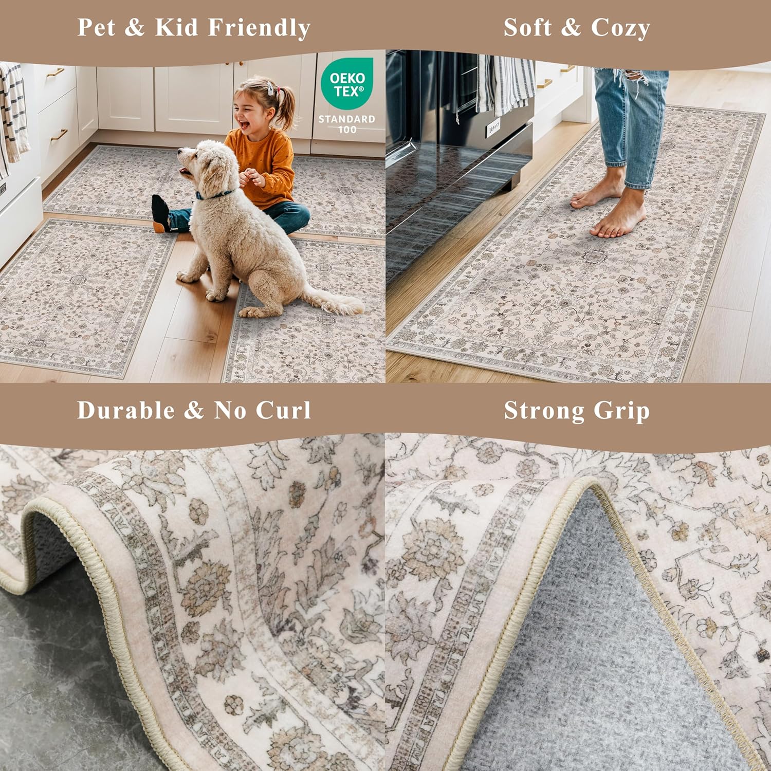 Washable 4x6 Kitchen Rug Non-Slip – Soft Stain-Resistant Low-Pile Indoor Floor Mat for Entryway Bedroom Living Room – Vintage Accent Area Rug (Beige, 4x6)