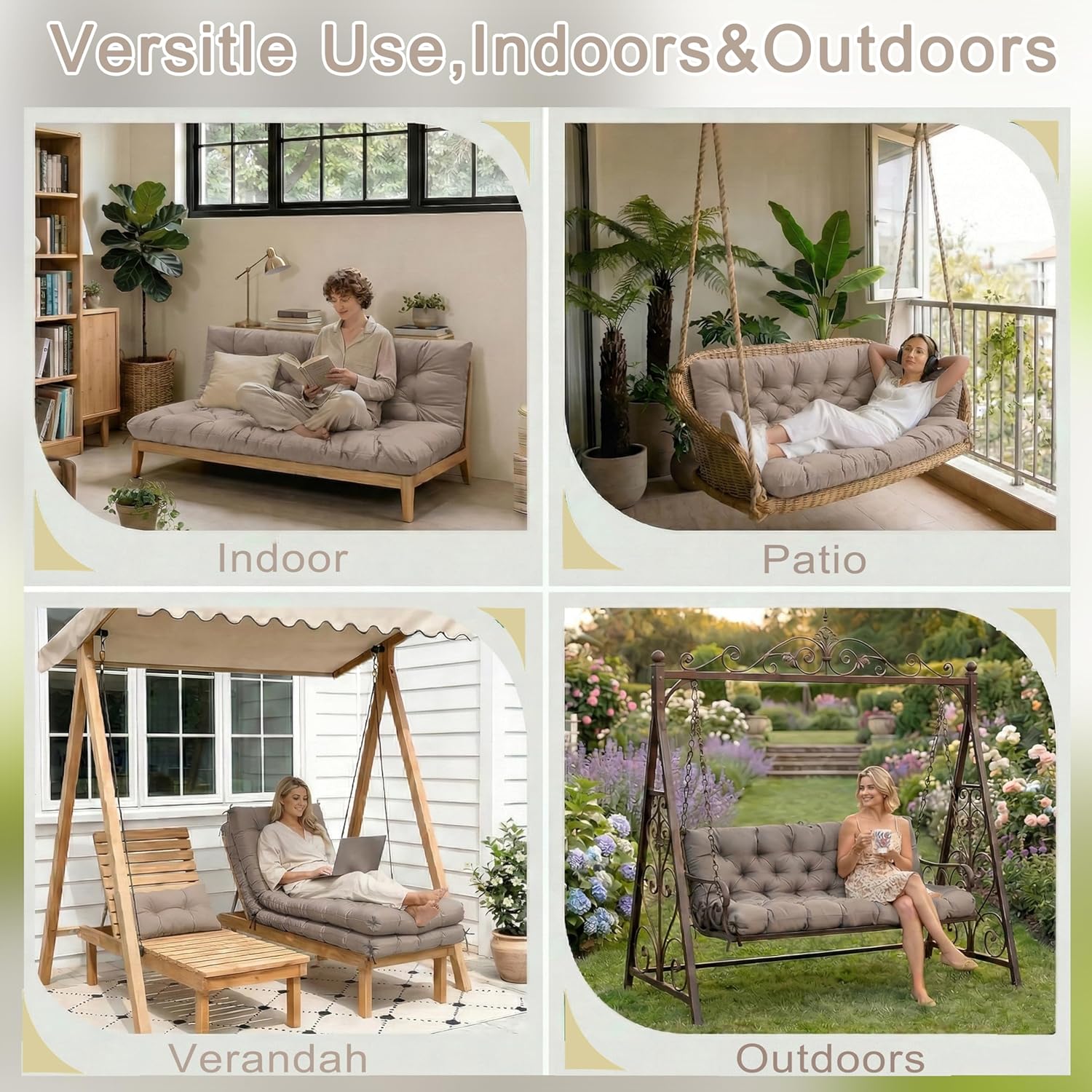 Porch Swing Cushions, Outdoor Swing Cushions Replacement Cushions 3 Seater with Backrest, Waterproof Bench Cushion with Ties,for Patio,Porch, Garden,Backyard(Khaki,60x40x5in)