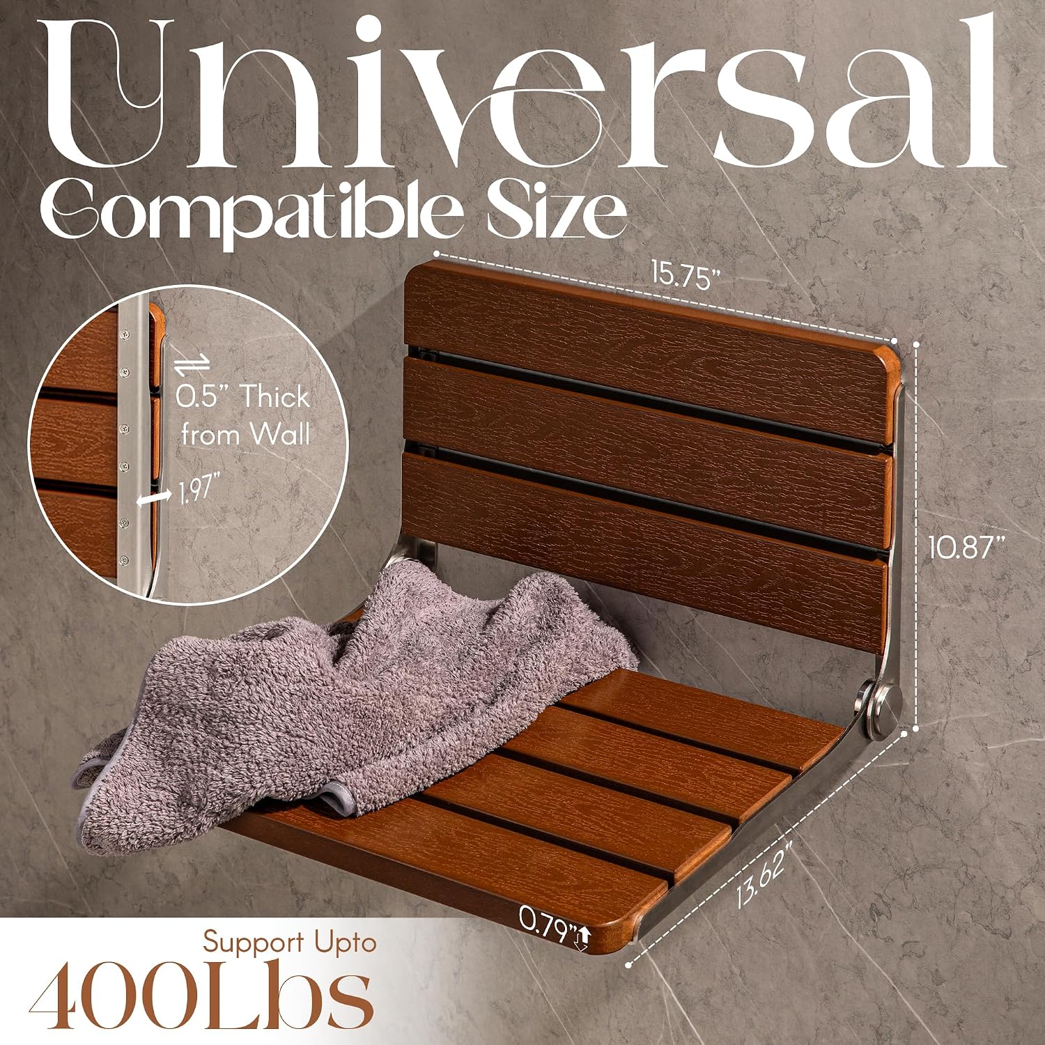 Foldable Wall Mounted Shower Seat with Stainless Steel Frame image 2