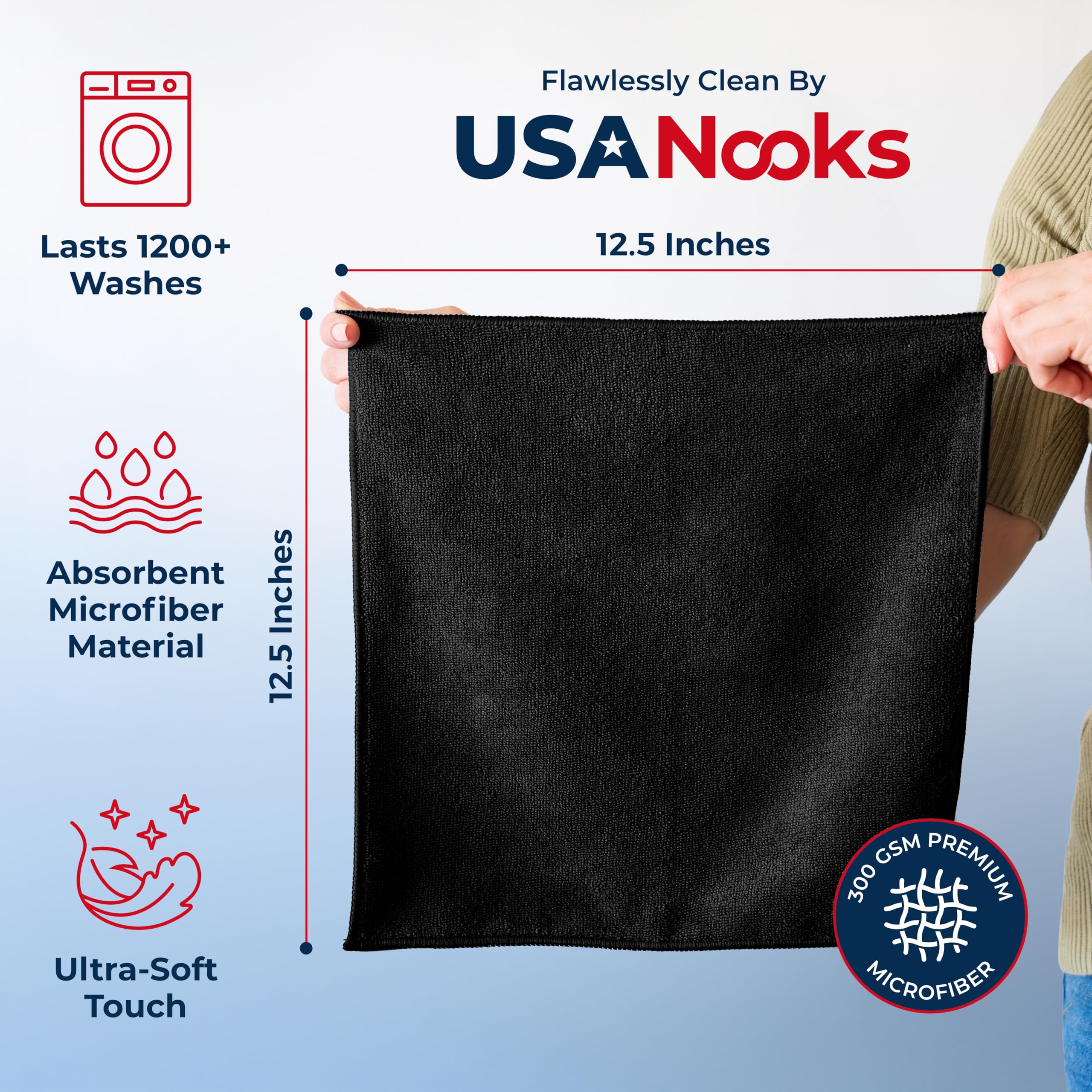 USANOOKS Panno in microfibra – 12 pezzi (40,6 x 40,6 cm) – 1200 lavaggi, asciugamani in microfibra ultra assorbenti per auto tessono sporcizia e liquido per una lucentezza a specchio senza aloni –