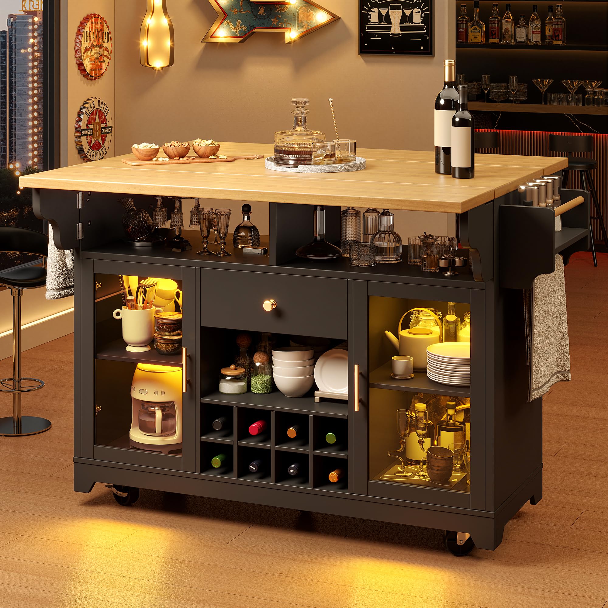 îlot de cuisine avec éclairage LED, plateau de table rabattable des