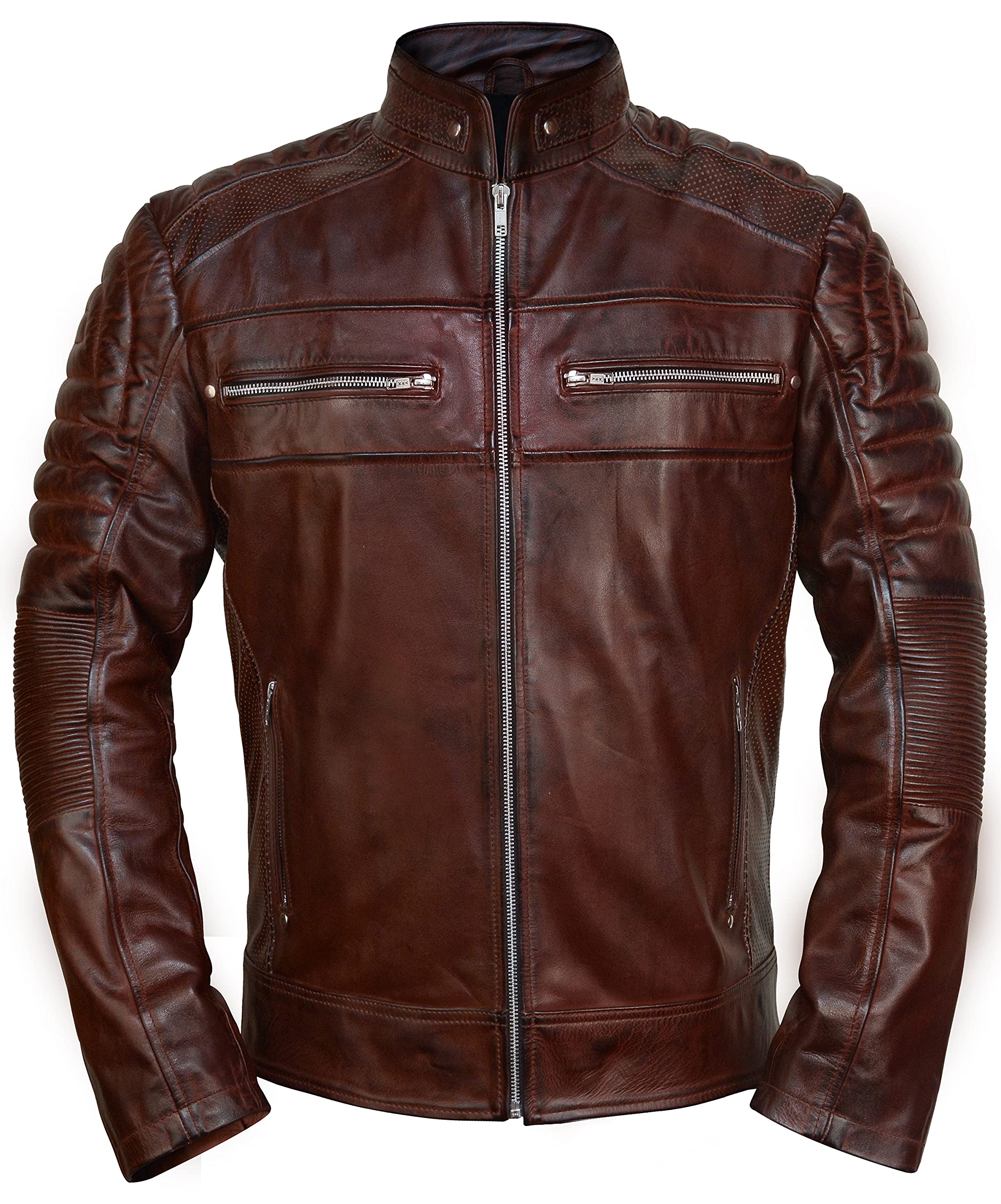 Men Premium Distressed Brown Padded Armored Cowhide Leather Coat