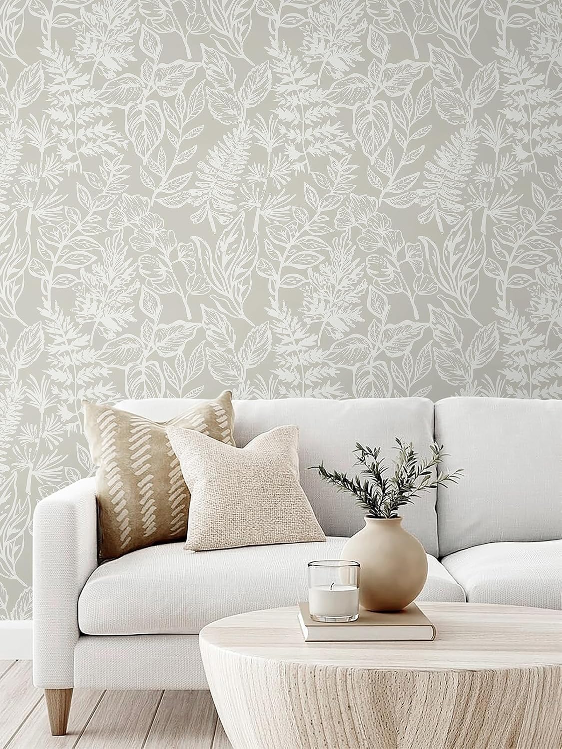Safiyya Peel and Stick Wallpaper Beige and White Leaf Contact Paper Peel and Stick 17.3"x 393" Wall Paper Self Adhesive Removable Wallpaper for Bedroom Bathroom Vinyl Roll