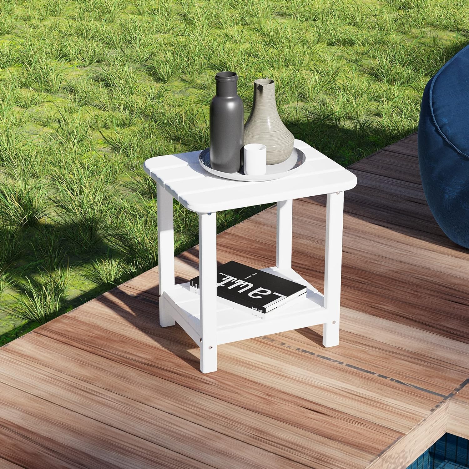 Sundale Outdoor Adirondack Side Table, Patio All Weather Small End Table HDPE Water Resistant 2 Tier Rectangular Outside Table for Pool, Garden, Beach, White