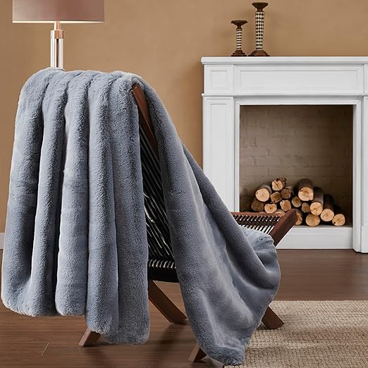UGG 11069 Euphoria Plush Faux Fur Reversible Throw Cozy Fuzzy Fluffy Blanket for Couch Bed Hotel Style Luxury Machine Washable Home Decor Luxurious Soft Throws for Sofa, 70 x 50-Inch, Chambray thumbnail 2