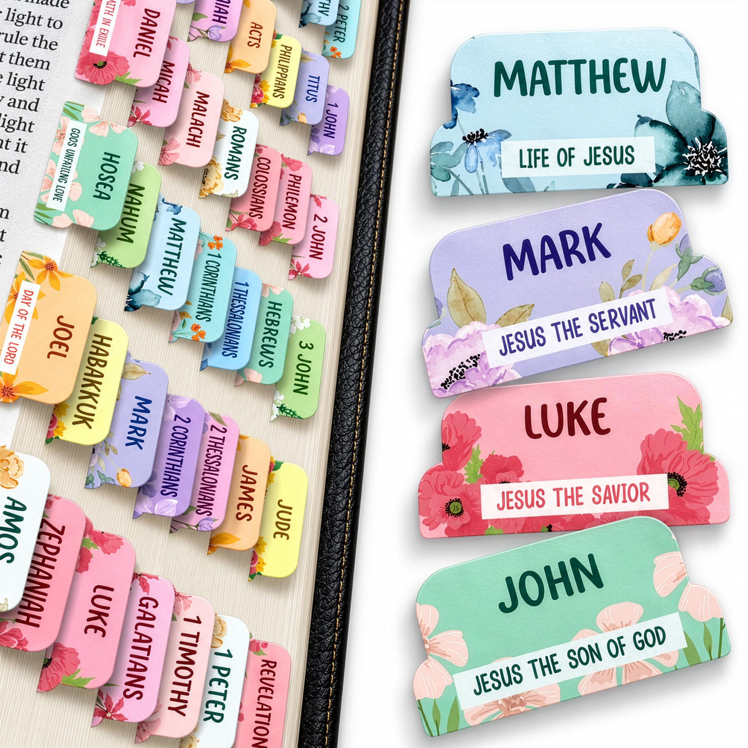 Only Zest Premium Series – 66 Christian Bible Chapter Tabs, 10 Blank Tabs, 3 Bookmarks, and Stickers – Exquisite Floral Design – Large Print Bible Tabs for Women & Teens