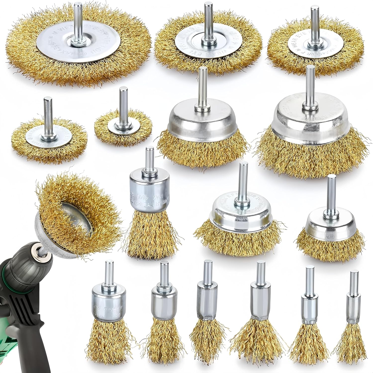 Brass Wire Brush for Drill Rust Removal, Wire Wheel for Drill, Cup Brush and End Brush Set, Wire Brush Drills Attachments, 1/4" Drill Shank, Carbon Steel Bristles (Brass Wire Brush, 28)