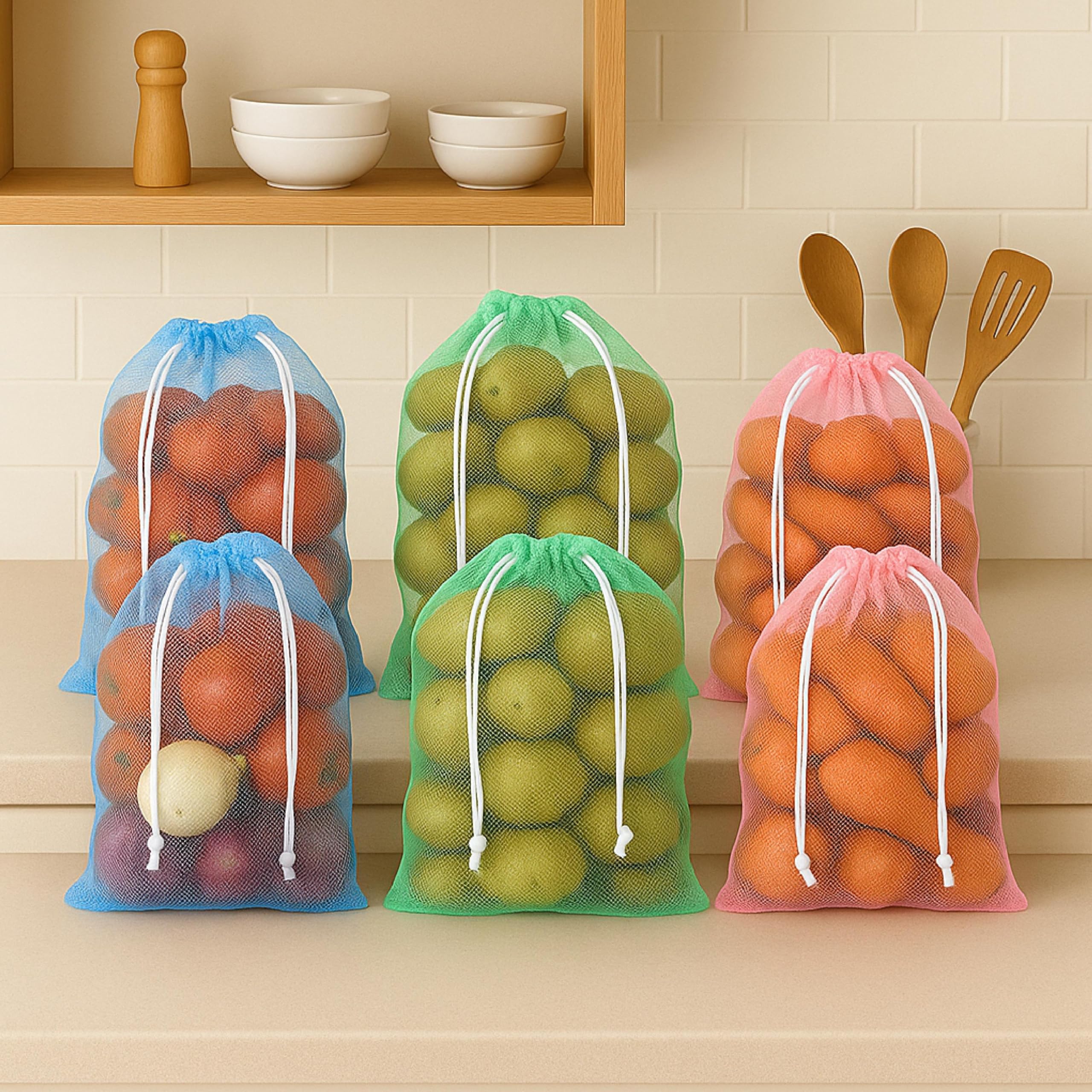 Bolsas de almacenamiento reutilizables de malla lavables para guardar verduras, 12 pack