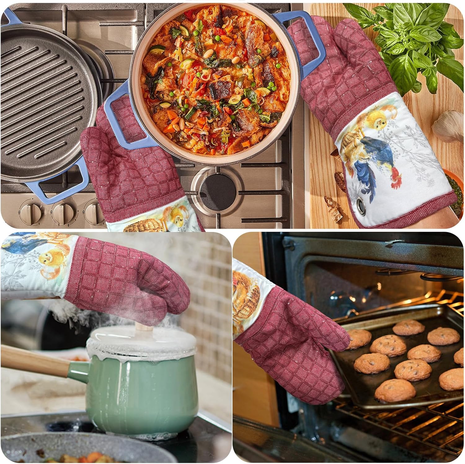 Silicone Printing Oven Mitts Heat Resistant to 500 Degree,Yarm-Dyed Oven Gloves with Animal Design Non-Slip for Kitchen Cooking Barbecue Baking and Machine Washable.(Red Oven Mitts) - Image 5