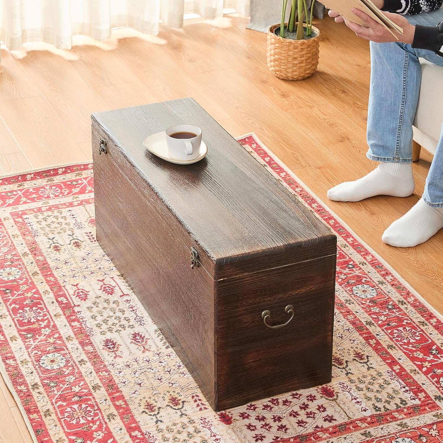 Wooden Storage Chest Rustic Trunk,Dark Brown Vintage Home Decor - Large Blanket Storage Box for Living Room, Bedroom, Entryway (31.5" L x 11.8" W)
