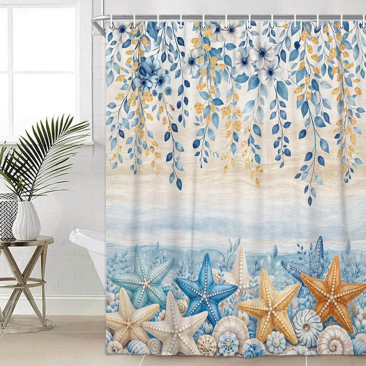 Blue Eucalyptus Coastal Shower Curtain, Summer Blue and Gold Leaves Beach Starfish Wood Shower Curtains, Nautical Vintage Fabric Bathtub Curtain Set Bath Decor with Hooks, 70X85IN