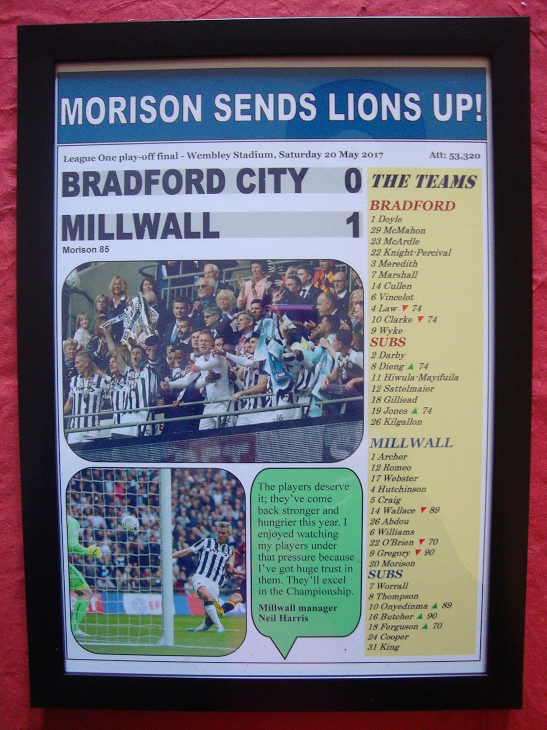 Lilywhite Multimedia Bradford City 0 Millwall 1-2017 League One play-off final - framed print