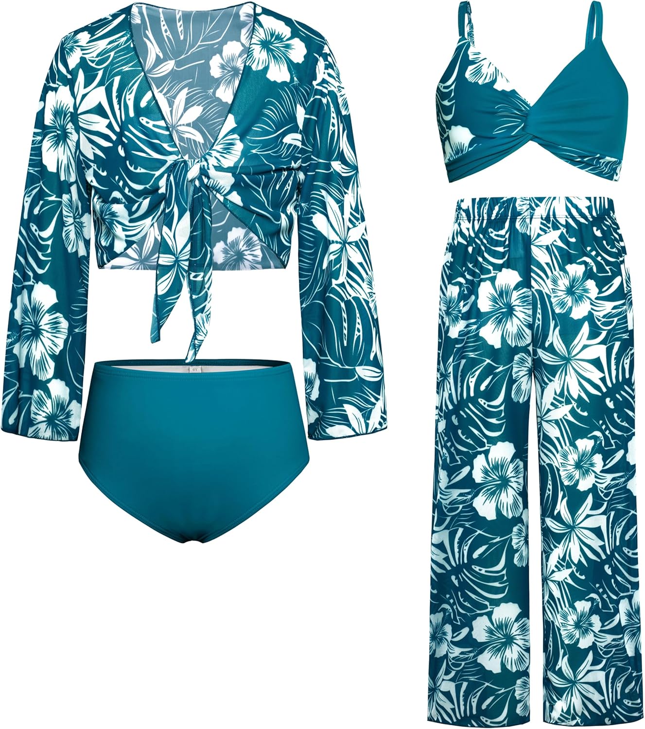 GRACE KARIN Teen Girls Bathing Suits Kids 4 Piece Long Sleeve Swimsuit Kimono Up Pants Bikini Tankini Set Swimwear