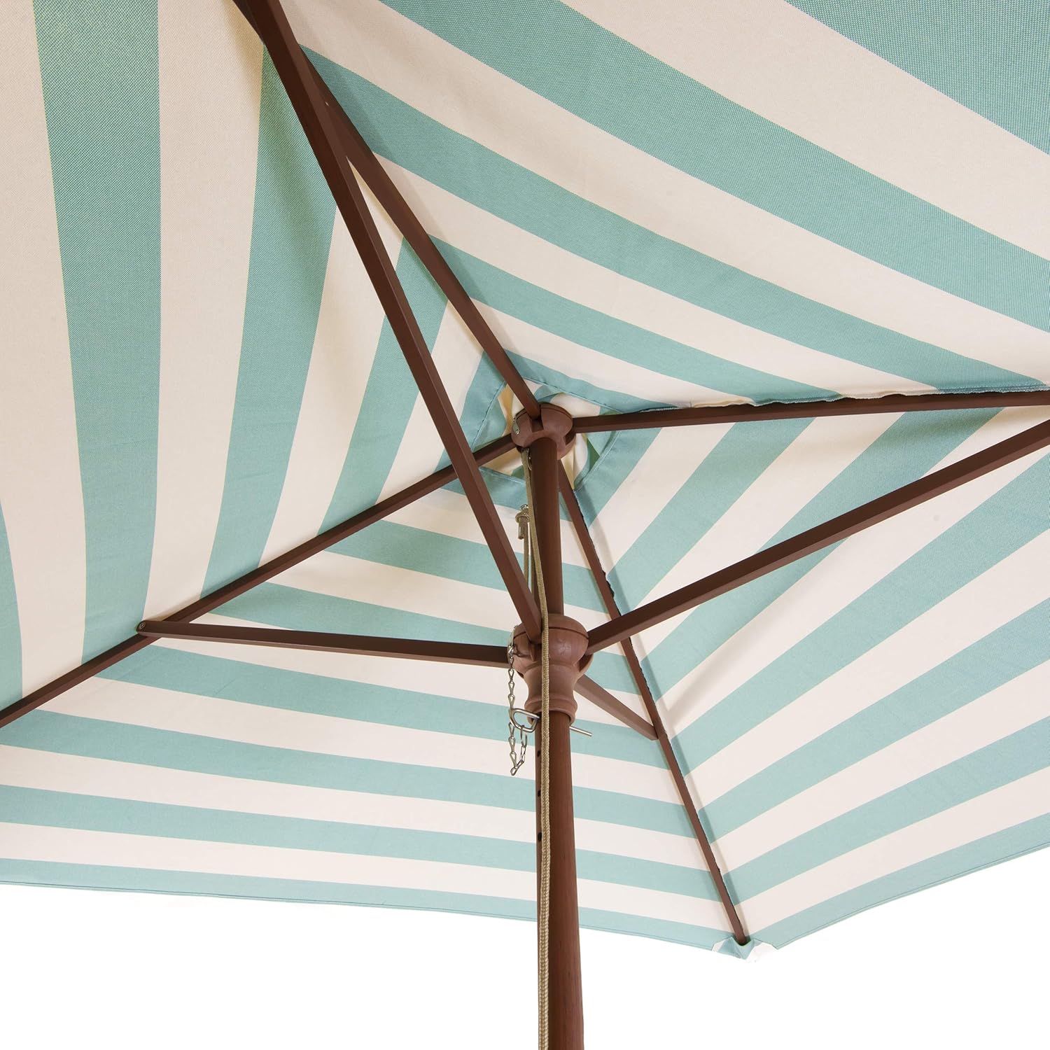 Heininger DestinationGear Classic Wood 6.5 Ft Square Market Umbrella – Soft Teal & Ivory Stripe, UV-Resistant Polyester Canopy, Wind Vent, Eucalyptus Frame with 4 Hardwood Ribs for Outdoor Use