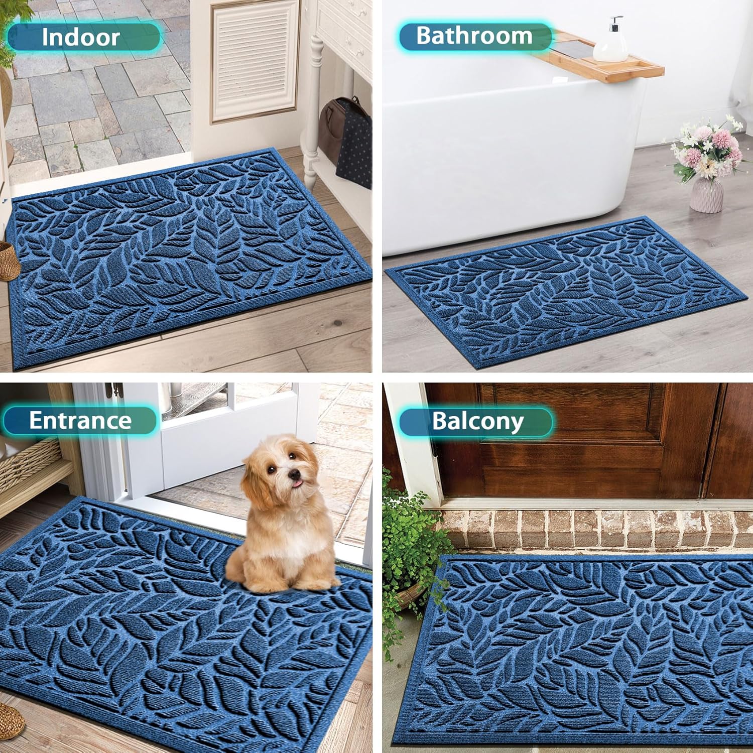 Bulijojo Front Door Mat Entrance,Durable Heavy Duty Welcome Mat,Thick Absorbent Natural Rubber Non Slip Mat,Sturdy Entryway Blue Leaves,23x35
