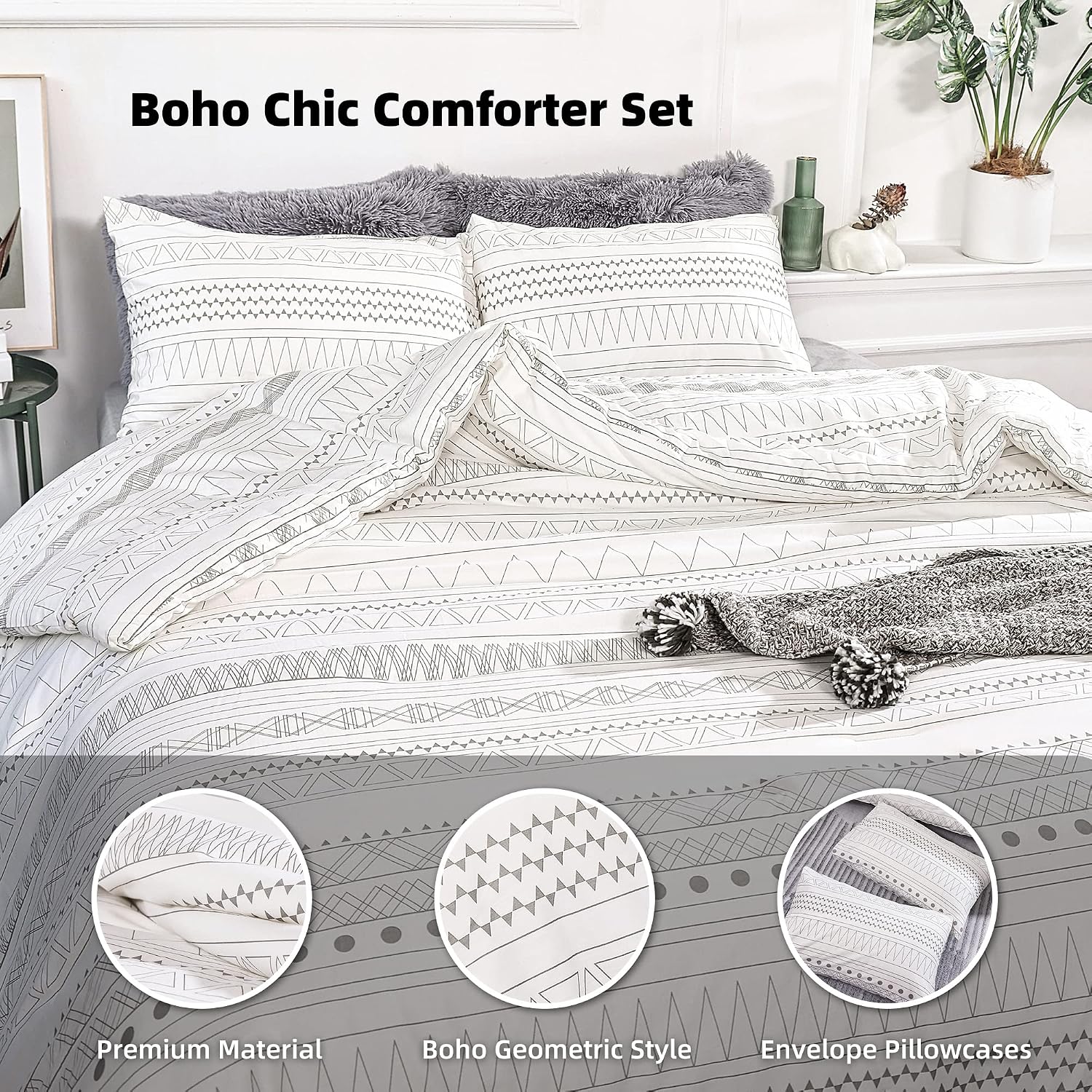 JANZAA Queen Comforter Set Boho Comforter Set 3PCS White Comforter with Gray Geometric Striped Pattern Aztec Bedding Set 1 Bohemian Comforter&2 Pillow Cases All Season