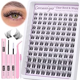 Clear Band Natural Lash Clusters Kit Wispy Eyelash Clusters 10-16mm Lash Extension Kit CC Curl Invisible Band Eyelashes Extensions with Bond and Seal Lash Glue and Tweezers DIY at Home by Geeneiya