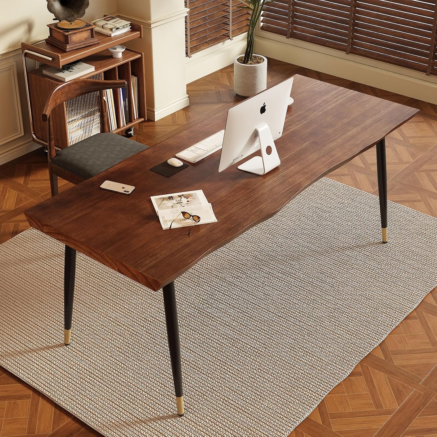 Solid Wood Desk 55 inches, Home Office Computer Desk Wooden Rustic Writing Desk Metal Modern Simple Design Executive Real Wood Desk(Walnut)