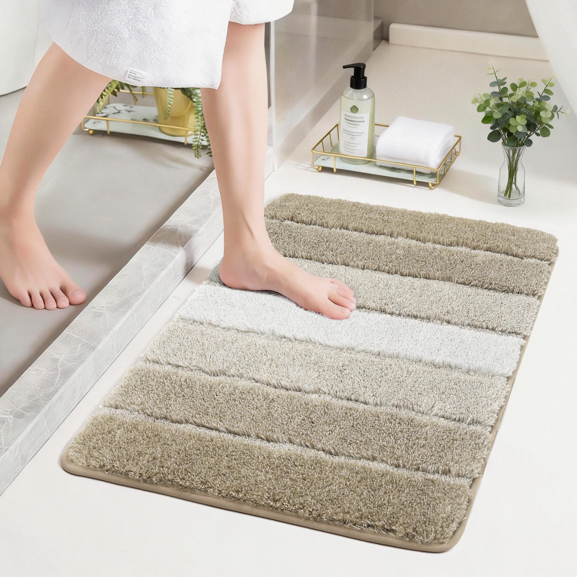 COSY HOMEER Soft Absorbent Bath Mat, 50 x 80 cm, Super Non-Slip Backing Bathroom Mat, Ultra Shaggy Thick Bathroom Foot Mat, Beige