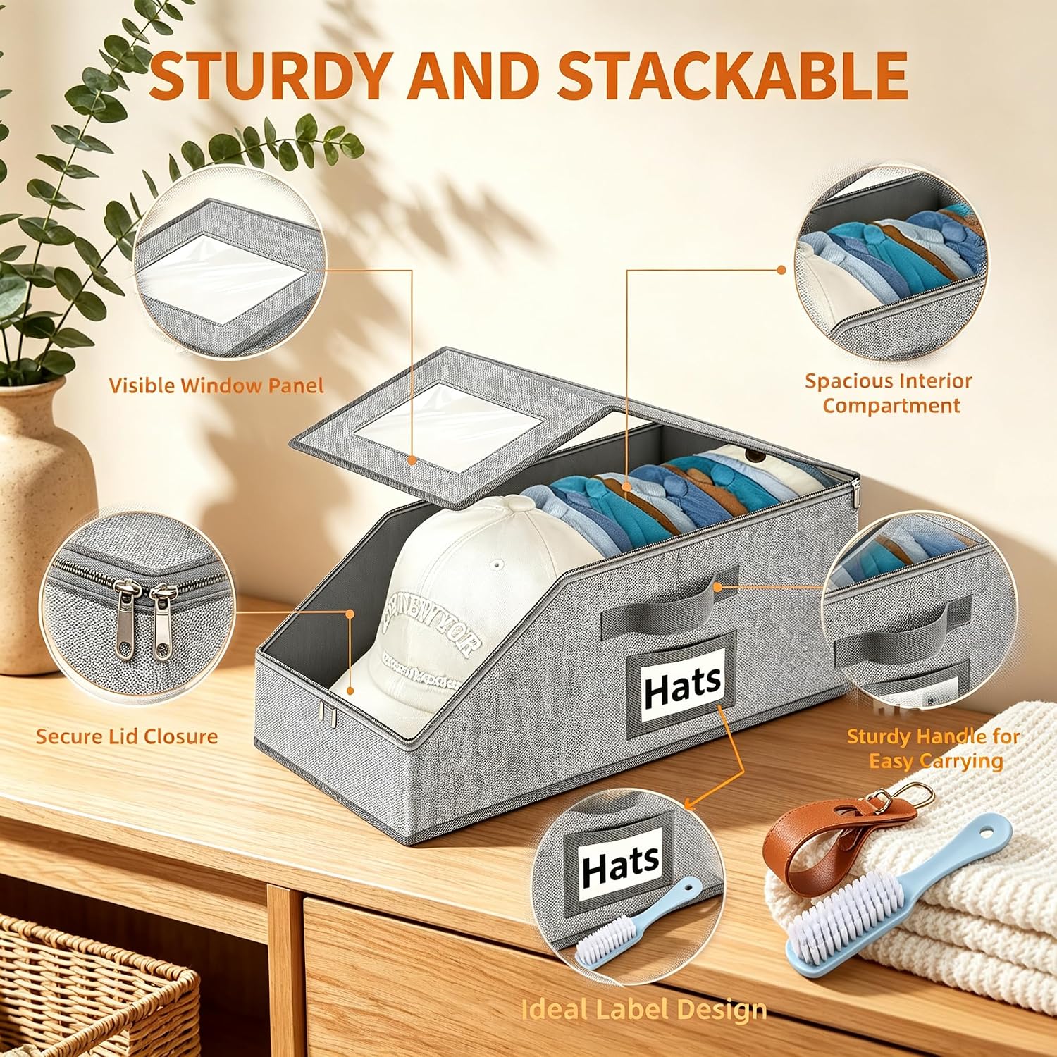Stackable Hat Storage for Baseball Caps with Clear Window Lid （Grey）