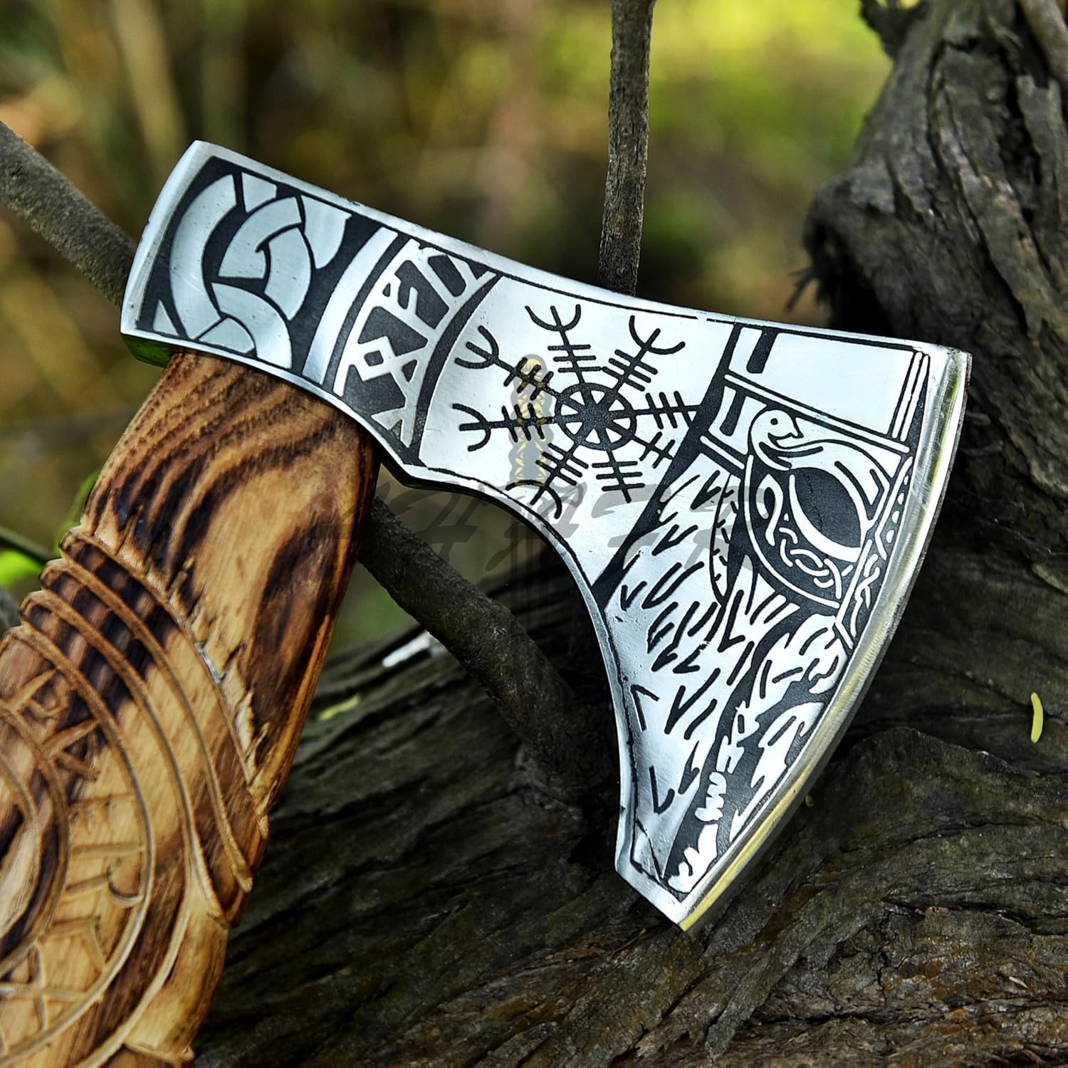 Hand-Forged Viking Axe – Authentic Norse Battle Axe with Custom Engraved Carbon Steel Blade & Carved Wooden Handle – Perfect for Throwing, Camping, Hunting & Gifts AH-001-AX