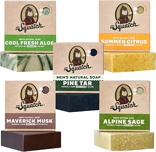 Dr. Squatch Natural Men’s Bar Soap - Cold Process Body Soap Bar with Natural Oils - Gifts for Men - Cool Fresh Aloe, Summer Citrus, Pine Tar, Maverick Musk & Alpine Sage (5 oz, 5-Pack)