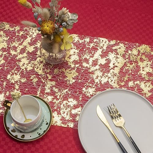 Miniatura 7 de WELTRXE Camino de mesa dorado, rollo de mesa de malla fina dorada metálica con purpurina de 11 pulgadas x 16 pies, suministros de fiesta de eventos,